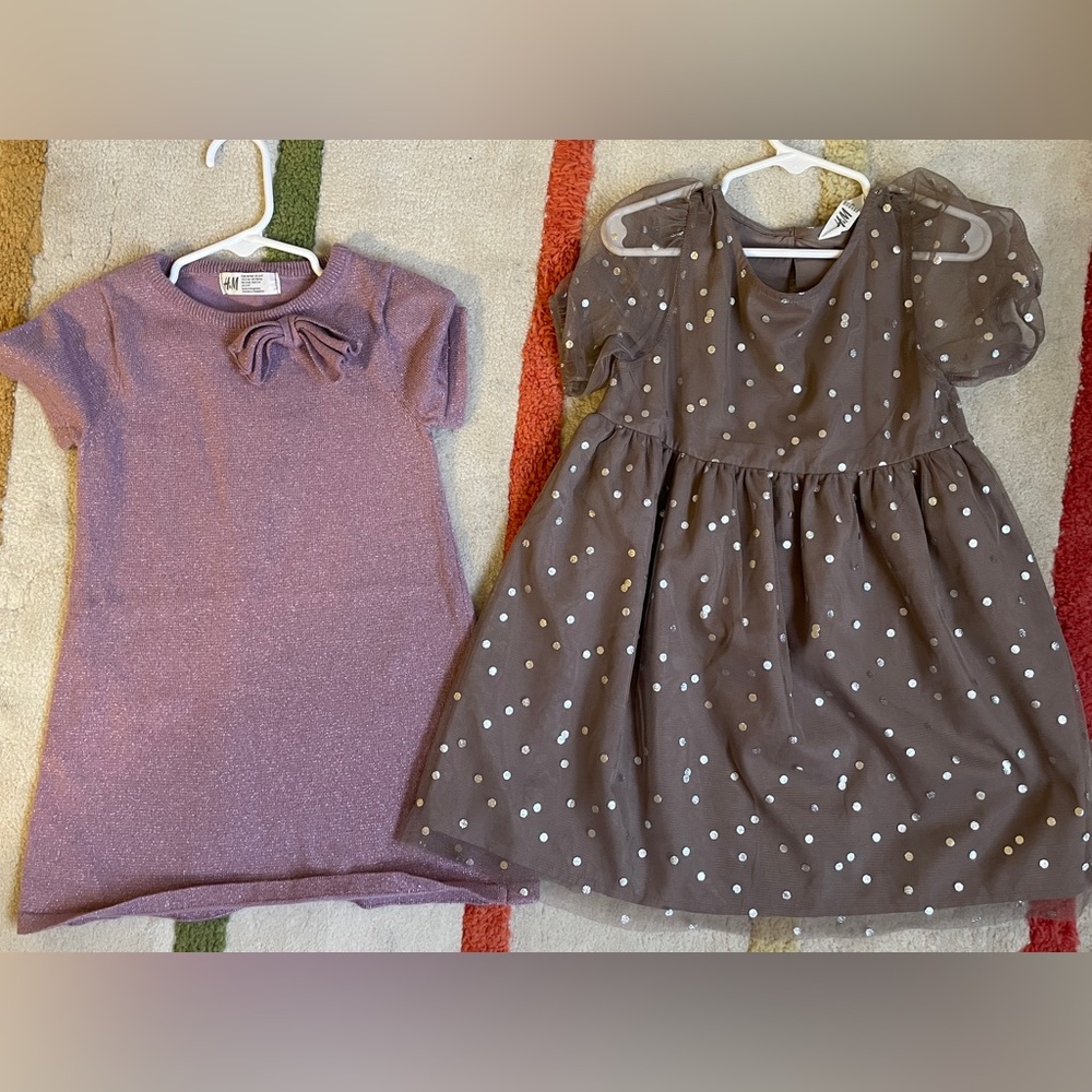 Two H&M Girls 3T Holiday dresses Glitter Purple and Taupe Silver Polka Dots